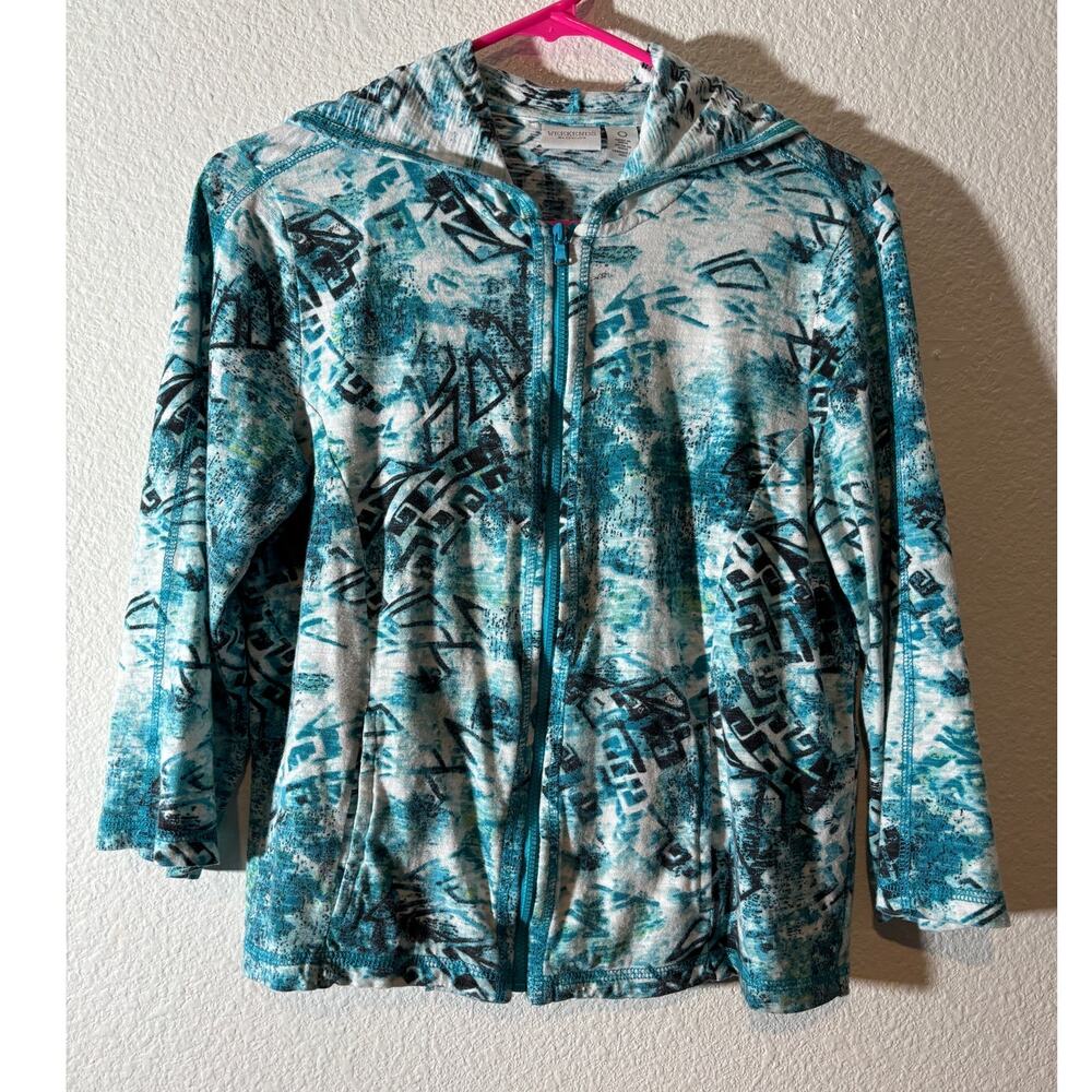 Chico's Weekends Size 0 (S) Blue Abstract Lightweight Zip-Up Hooded Jacket
